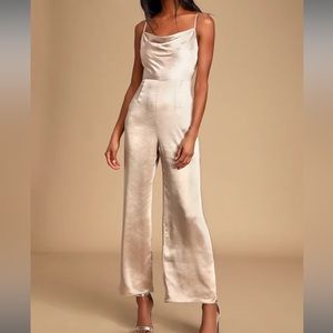Lush Perfect Night Champagne Satin Cowl Neck Culotte Jumpsuit